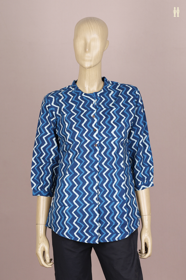 Chinese Neck Chevron Design Shades Of Blue Cotton Short Top