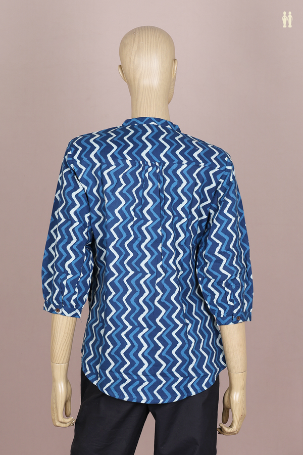 Chinese Neck Chevron Design Shades Of Blue Cotton Short Top