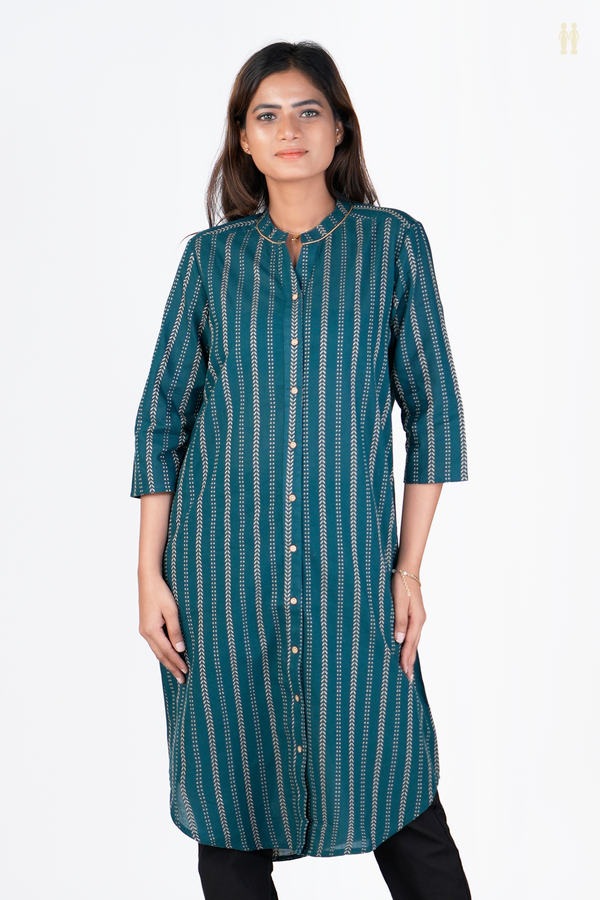 Chinese Neck Embroidered Midnight Green Cotton Long Kurta
