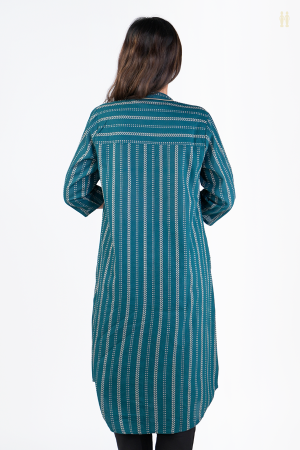 Chinese Neck Embroidered Midnight Green Cotton Long Kurta