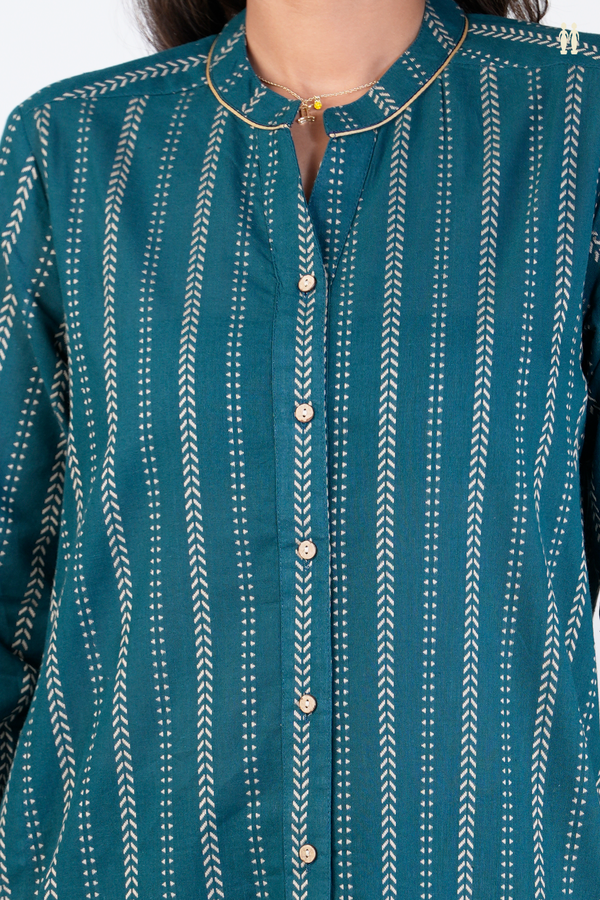 Chinese Neck Embroidered Midnight Green Cotton Long Kurta