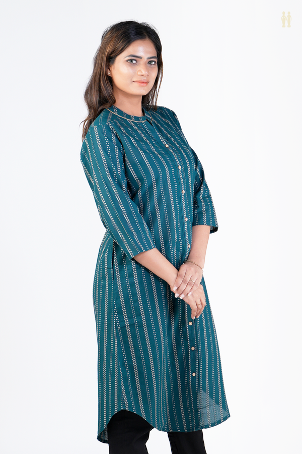 Chinese Neck Embroidered Midnight Green Cotton Long Kurta