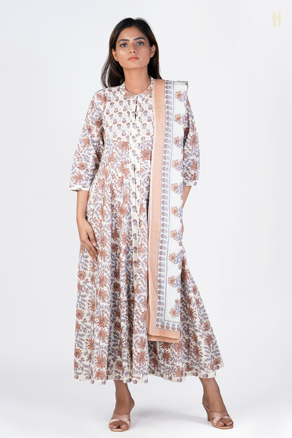 Chinese Neck Floral Design Beige Cotton Long Kurta