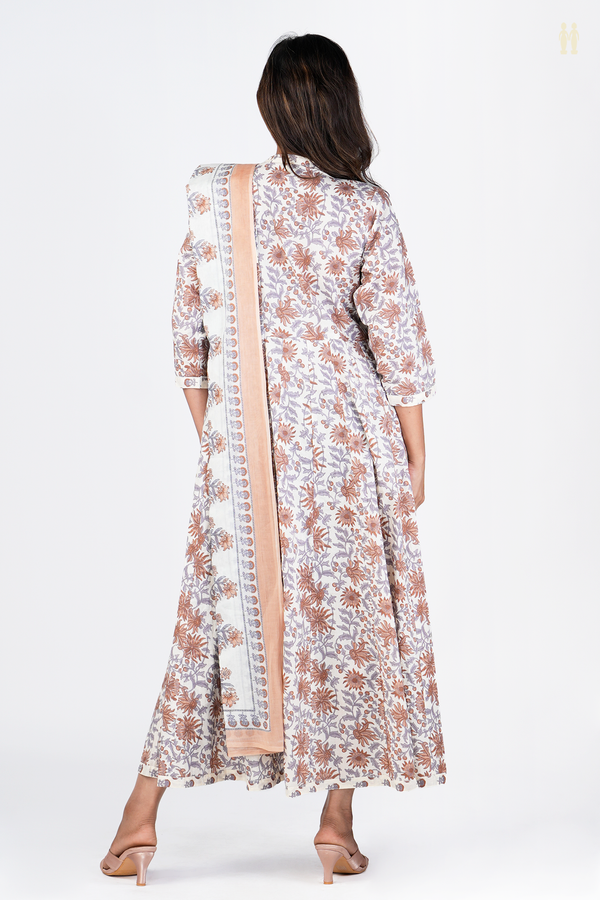 Chinese Neck Floral Design Beige Cotton Long Kurta