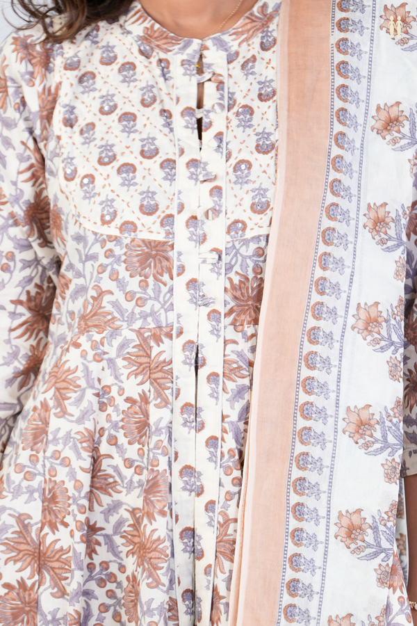 Chinese Neck Floral Design Beige Cotton Long Kurta