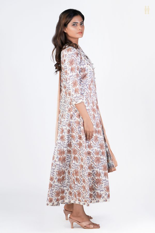 Chinese Neck Floral Design Beige Cotton Long Kurta
