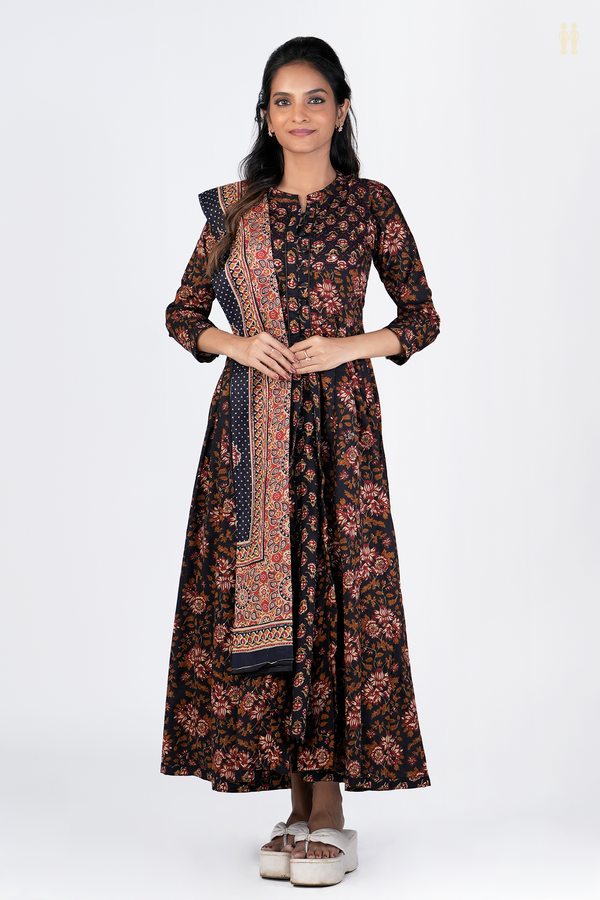 Chinese Neck Floral Design Black Printed Cotton Long Kurta