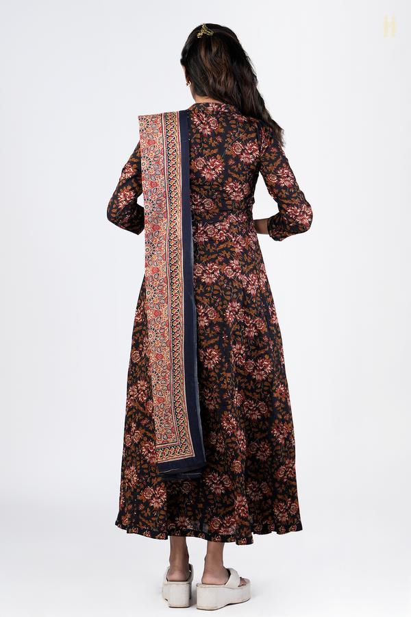 Chinese Neck Floral Design Black Printed Cotton Long Kurta