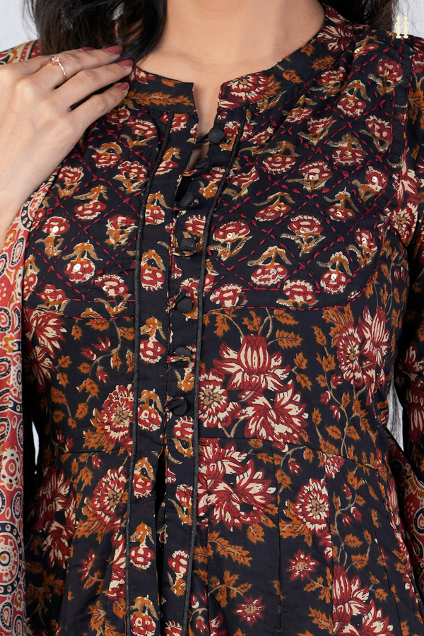 Chinese Neck Floral Design Black Printed Cotton Long Kurta