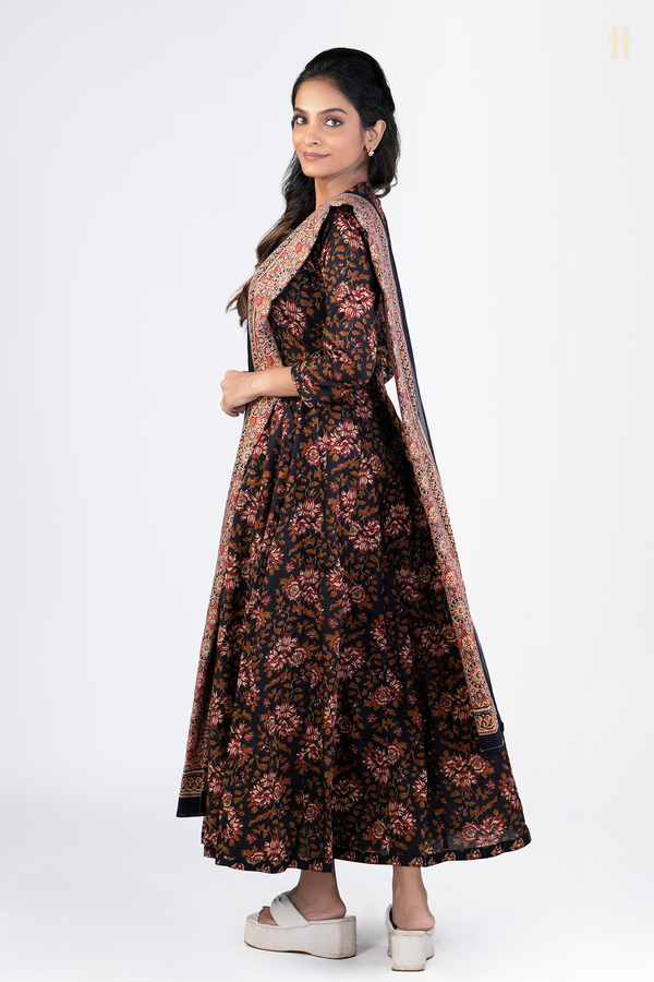 Chinese Neck Floral Design Black Printed Cotton Long Kurta