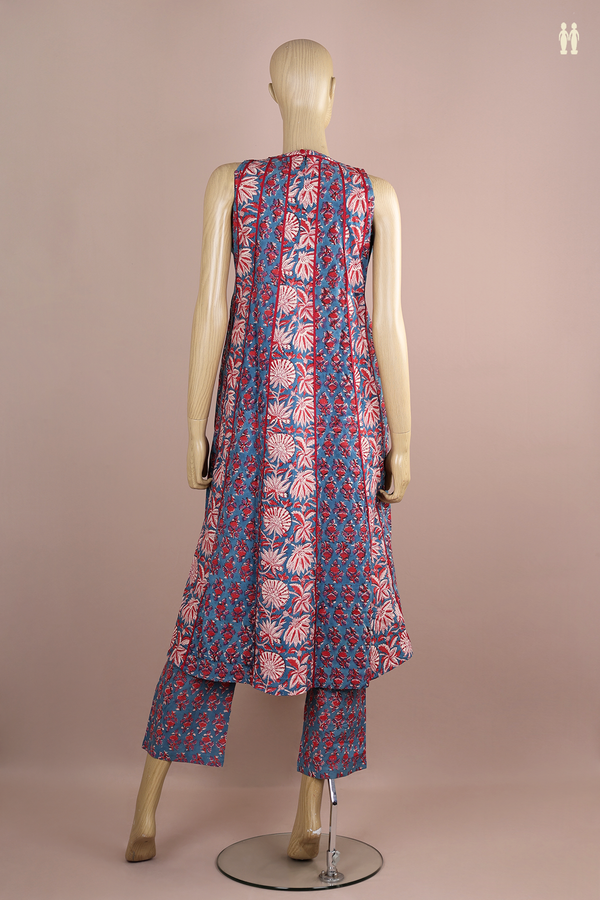 Chinese Neck Floral Design Blue Cotton Salwar Set