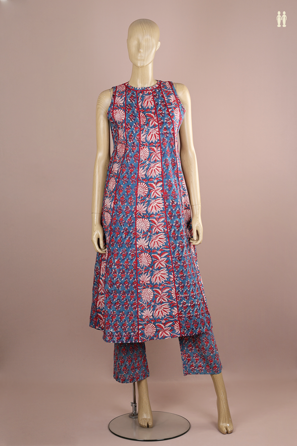 Chinese Neck Floral Design Blue Cotton Salwar Set