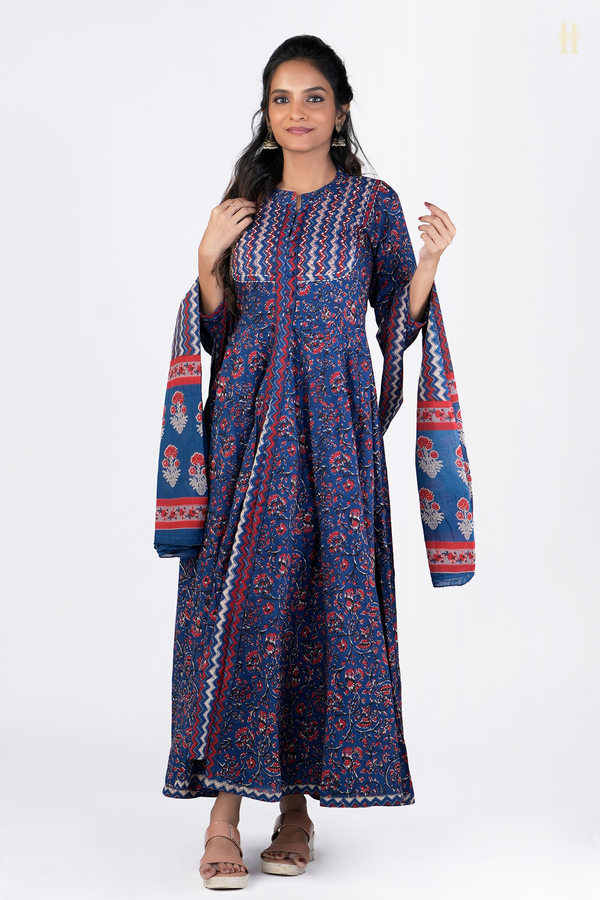 Chinese Neck Floral Design Blue Printed Cotton Long Kurta
