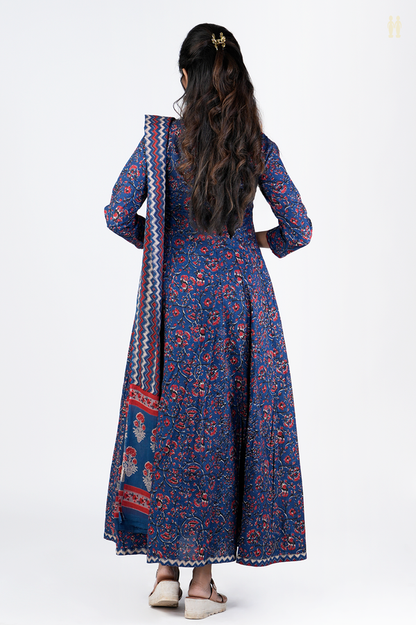 Chinese Neck Floral Design Blue Printed Cotton Long Kurta