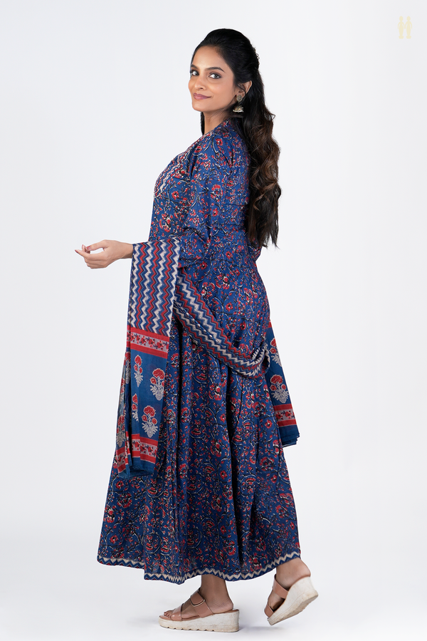 Chinese Neck Floral Design Blue Printed Cotton Long Kurta