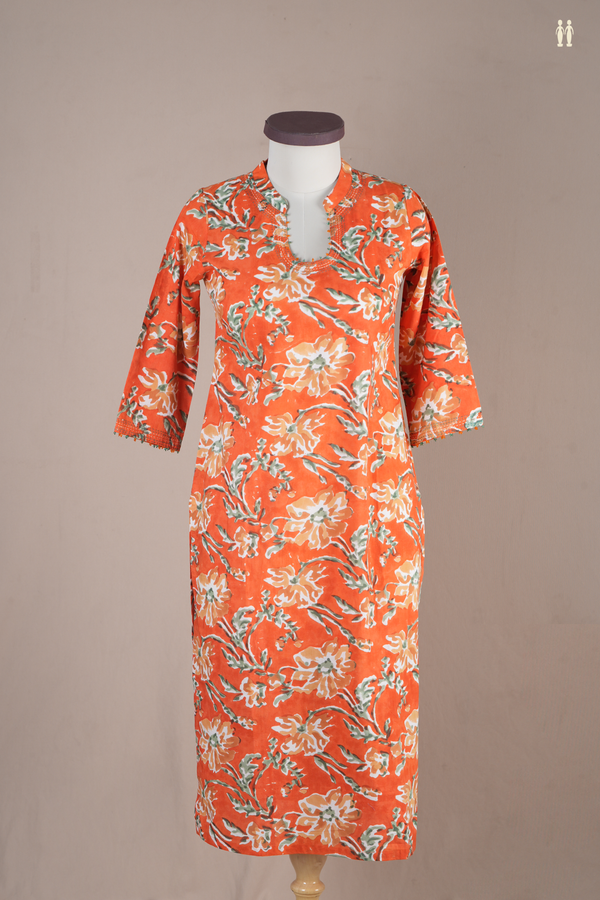 Chinese Neck Floral Design Bright Orange Cotton Long Kurta