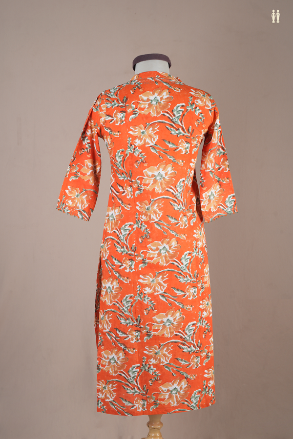 Chinese Neck Floral Design Bright Orange Cotton Long Kurta