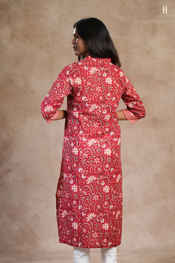 Chinese Neck Floral Design Cherry Red Jaipur Long Kurta