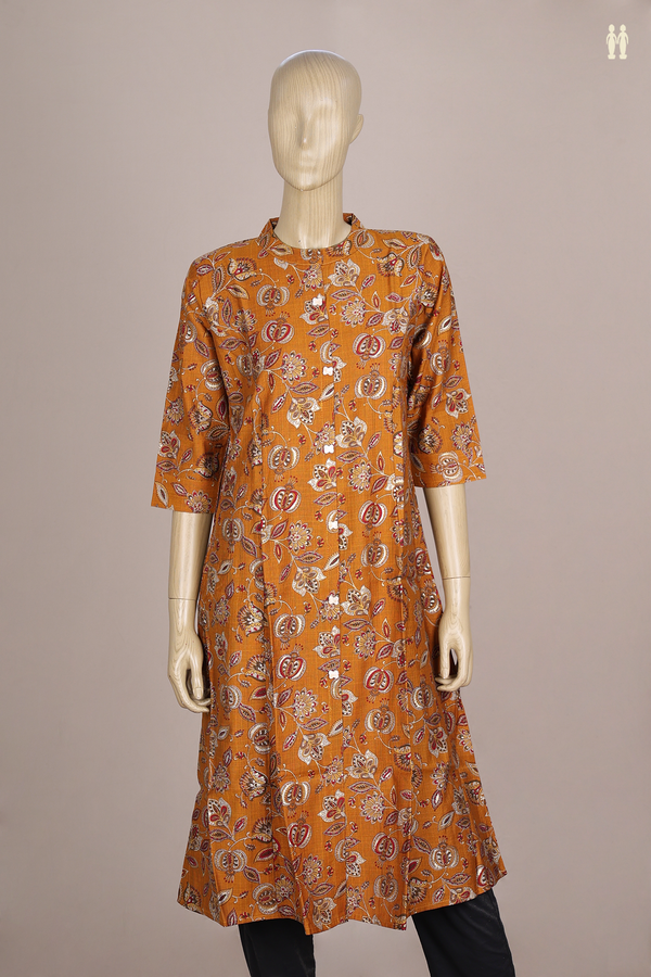 Chinese Neck Floral Design Golden Brown Silk Cotton Long Kurta