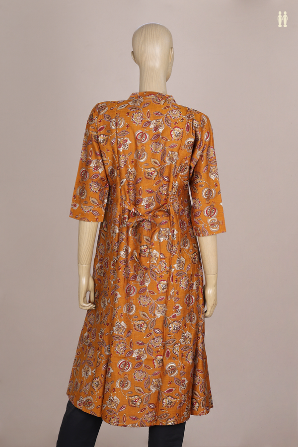 Chinese Neck Floral Design Golden Brown Silk Cotton Long Kurta