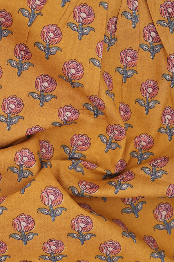 Chinese Neck Floral Design Golden Brown Cotton Short Top