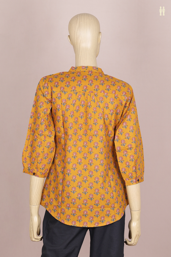 Chinese Neck Floral Design Golden Brown Cotton Short Top