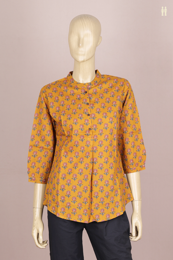 Chinese Neck Floral Design Golden Brown Cotton Short Top