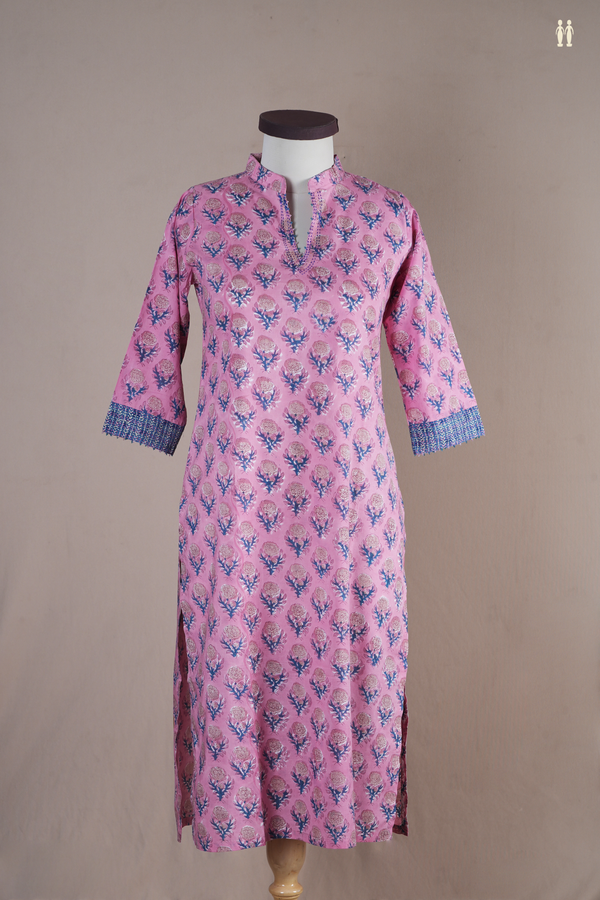 Chinese Neck Floral Design Pink Cotton Long Kurta