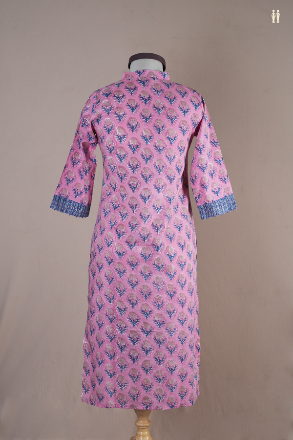 Chinese Neck Floral Design Pink Cotton Long Kurta
