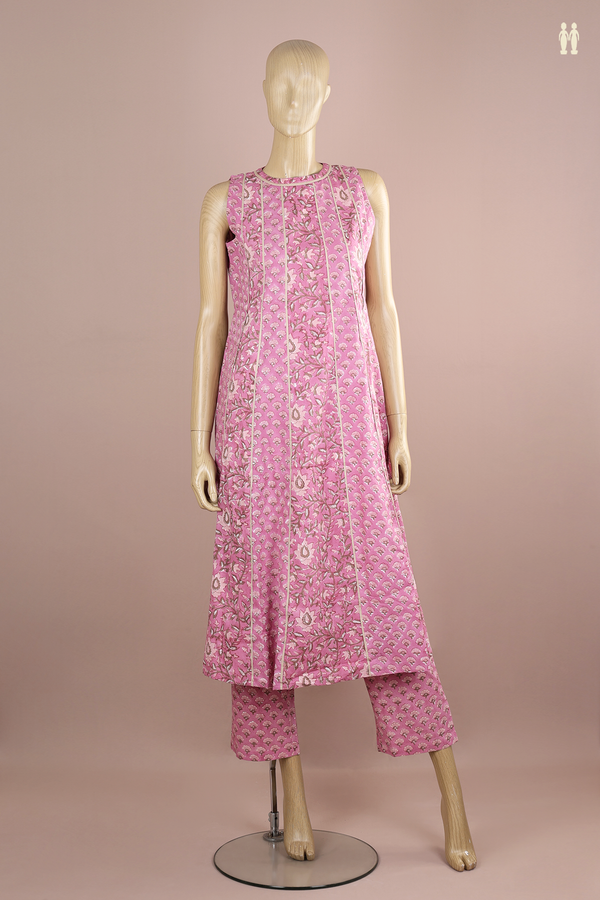 Chinese Neck Floral Design Pink Cotton Salwar Set