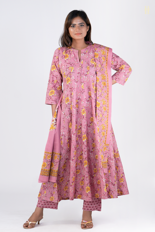 Chinese Neck Floral Design Pink Printed Cotton Salwar Set