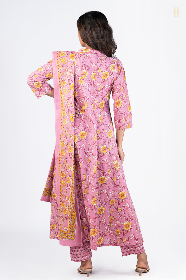 Chinese Neck Floral Design Pink Printed Cotton Salwar Set