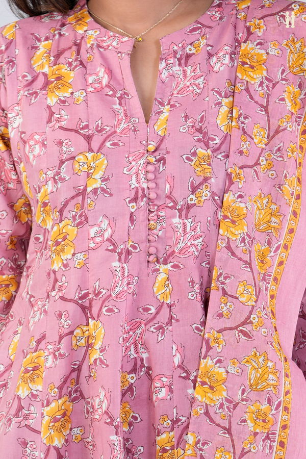Chinese Neck Floral Design Pink Printed Cotton Salwar Set