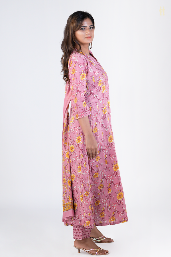 Chinese Neck Floral Design Pink Printed Cotton Salwar Set