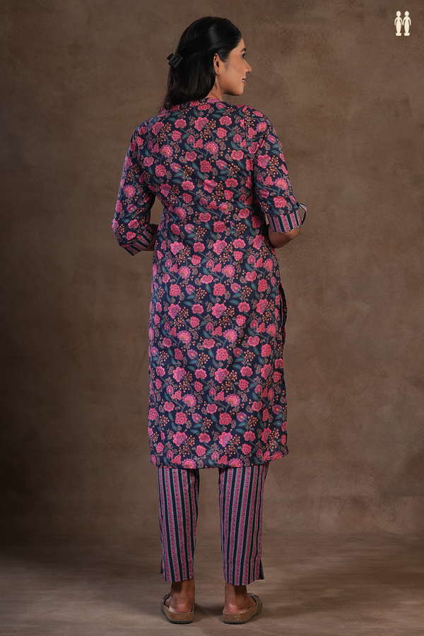 Chinese Neck Floral Design Prussian Blue Cotton Salwar Set