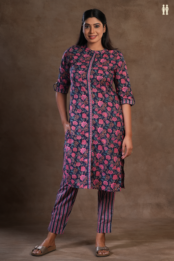 Chinese Neck Floral Design Prussian Blue Cotton Salwar Set