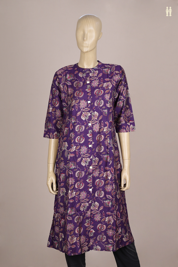 Chinese Neck Floral Design Purple Silk Cotton Long Kurta