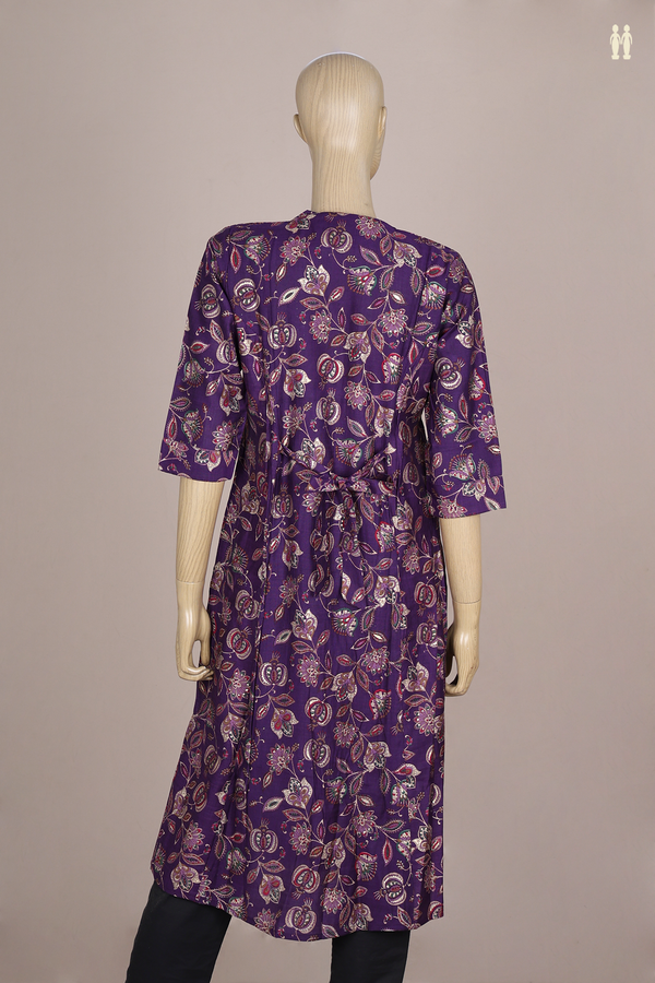 Chinese Neck Floral Design Purple Silk Cotton Long Kurta
