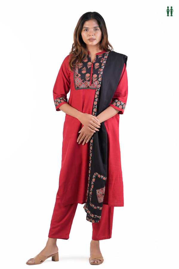 Chinese Neck Plain Red Cotton Salwar Set