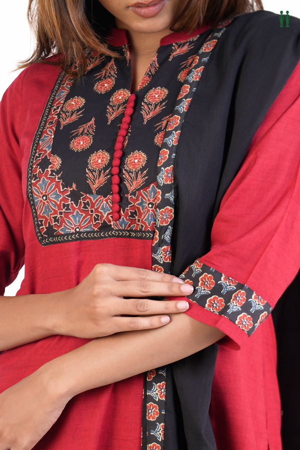 Chinese Neck Plain Red Cotton Salwar Set