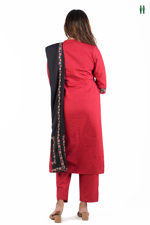Chinese Neck Plain Red Cotton Salwar Set