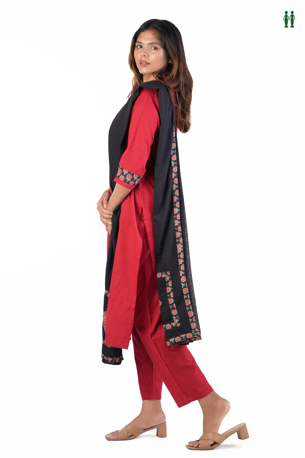 Chinese Neck Plain Red Cotton Salwar Set