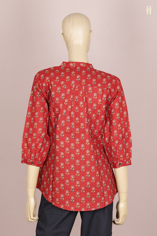 Chinese Neck Floral Design Rust Red Cotton Short Top