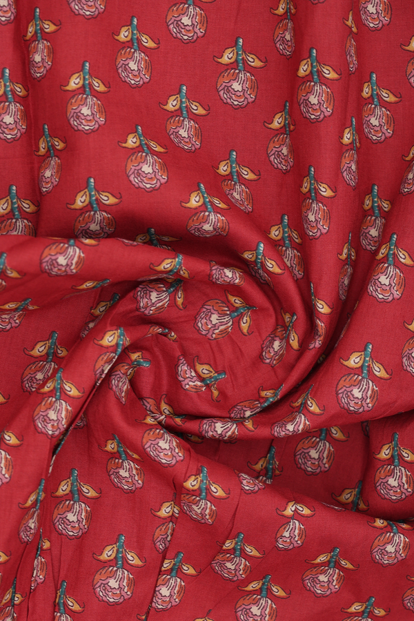 Chinese Neck Floral Design Rust Red Cotton Short Top