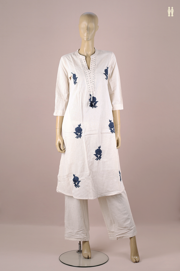 Chinese Neck Floral Design White Cotton Salwar Set