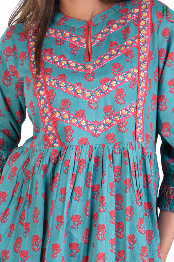 Chinese Neck Floral Printed Blue Cotton Long Kurta