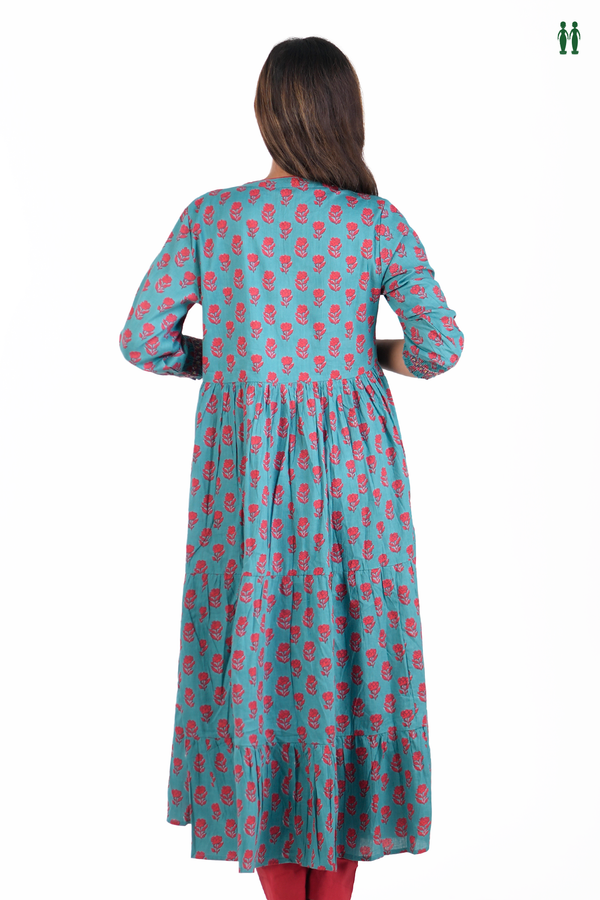 Chinese Neck Floral Printed Blue Cotton Long Kurta