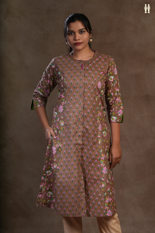 Chinese Neck Floral Printed Brown Cotton Long Kurta