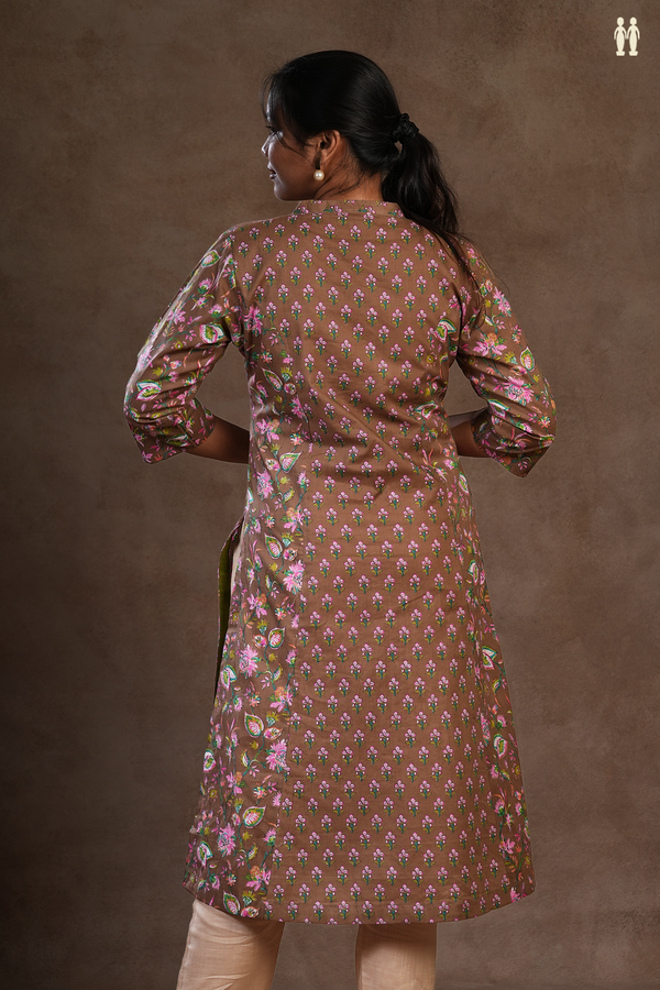 Chinese Neck Floral Printed Brown Cotton Long Kurta
