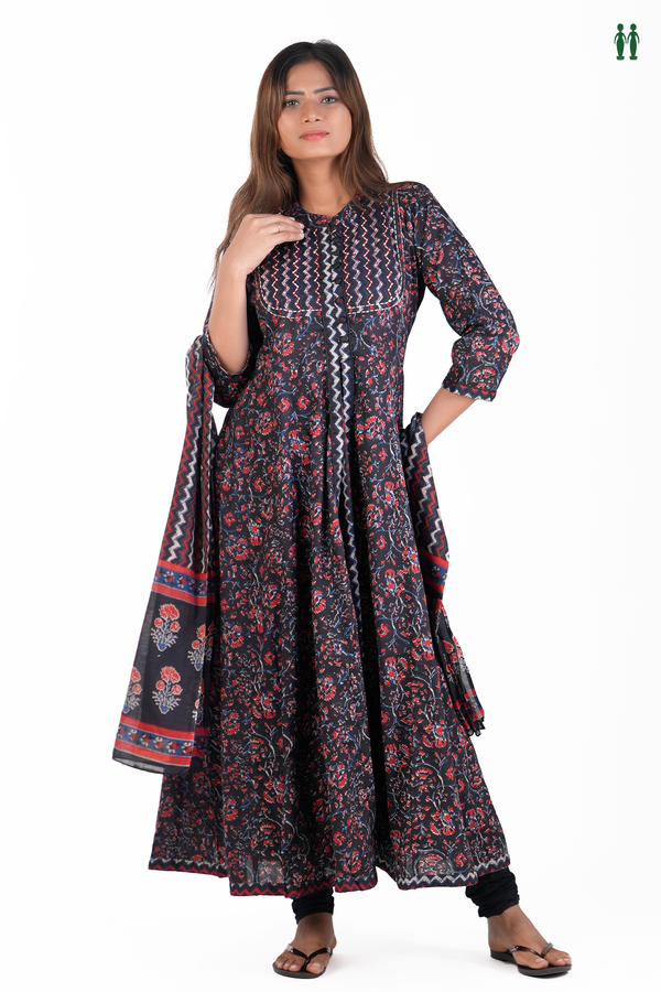 Chinese Neck Floral Printed Design Black Cotton Long Kurta